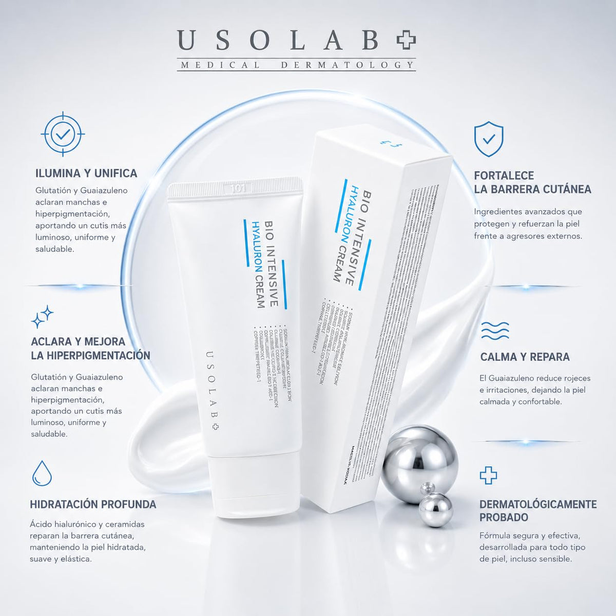 USOLAB Crema Hidratante Coreana Bio Intensive Hyaluron con Ácido Hialurónico y Péptidos para Mejorar Elasticidad, Reducir Líneas de Expresión y Iluminar la Piel 50ml