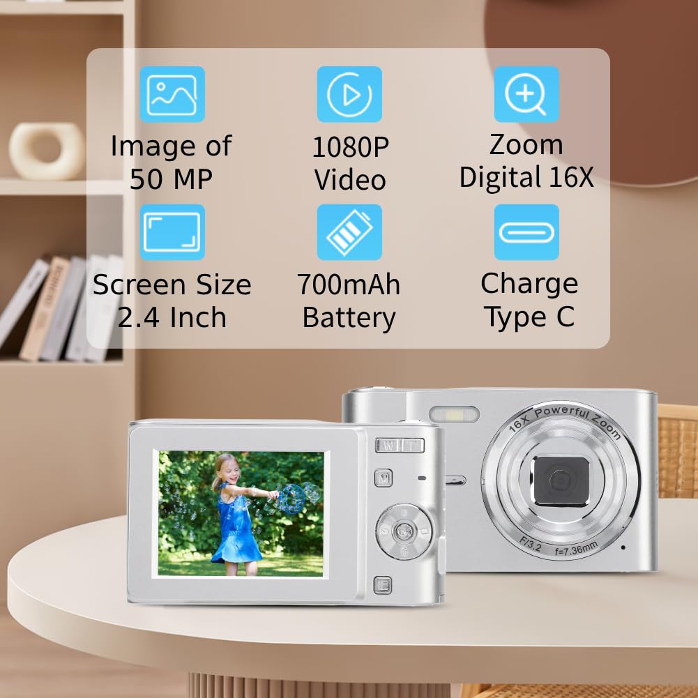 ASHATA Cámara Digital, Cámara de Vlogging FHD 1080P con Enfoque Automático, Cámara Digital con Zoom Digital de 50MP 16X, Cámara Compacta Portátil AF Pantalla de 2,4 Pulgadas para (Silver)