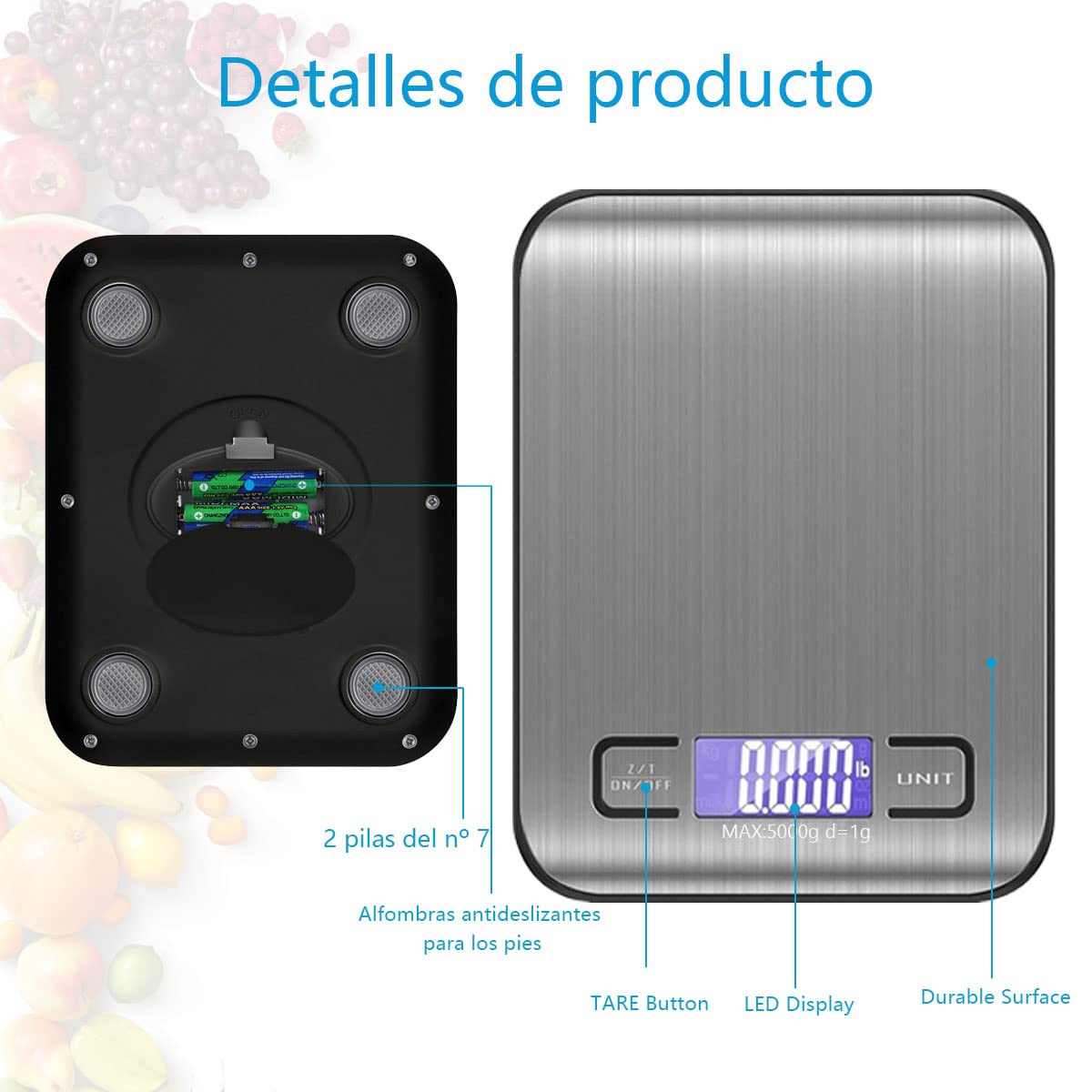 Báscula Digital de Cocina, Báscula de Cocina de acero inoxidable de 5 kg/11 lg con pantalla LCD, función de tara para cocinar en la cocina (plata)