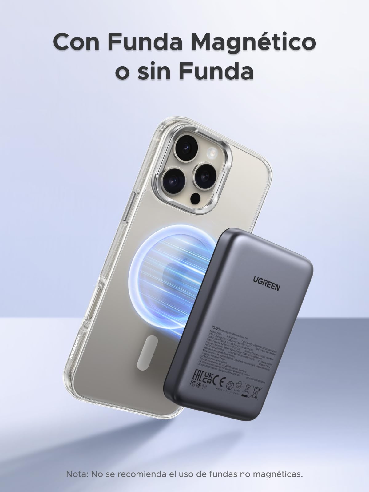 UGREEN 10000mAh Power Bank Inalabrico PD 20W Carga Raida, Cargador USB C Portail Magnaco, Bateria Externa Compatible con iPhone 16/15/14 Serie, Galaxy, Xiaomi, iPad, LG, Negro