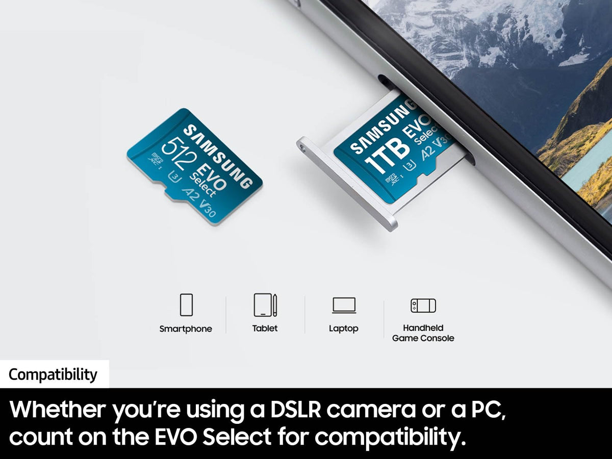SAMSUNG EVO Select microSDMemory Card + Adaptador, 512GB microSDXC, hasta 160 MB/s, 4K UHD, UHS-I, C10, U3, V30, A2, para teléfono Celular, Smartphones, Nintendo-Switch y tabletas (MB-ME512SA/AM)
