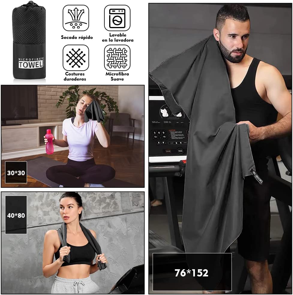 LÍMITE-MX 3 Toallas Deportivas de Microfibra,Toalla Microfibra Secado Rápido,Toallas de Viaje Portátiles Absorbentes y de Secado Rápido,Toalla Deportiva para Playa,Natación,Yoga,Gimnasio,Camping,Negro