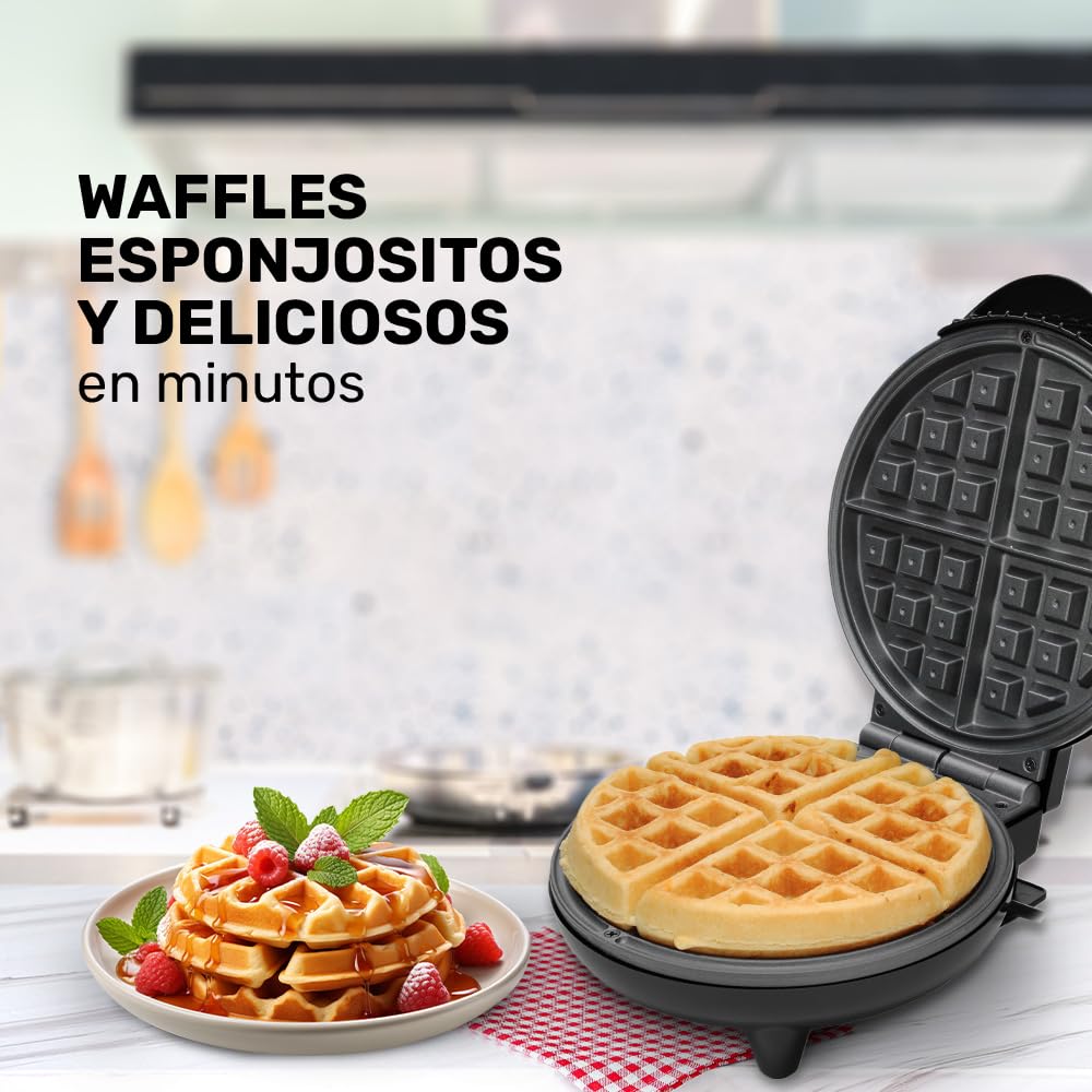 TAURUS BÉLGICA | Wafflera antiadherente | Negra | Waffles de 16 cm de diámetro | Indicadores luminosos| Frío al tacto
