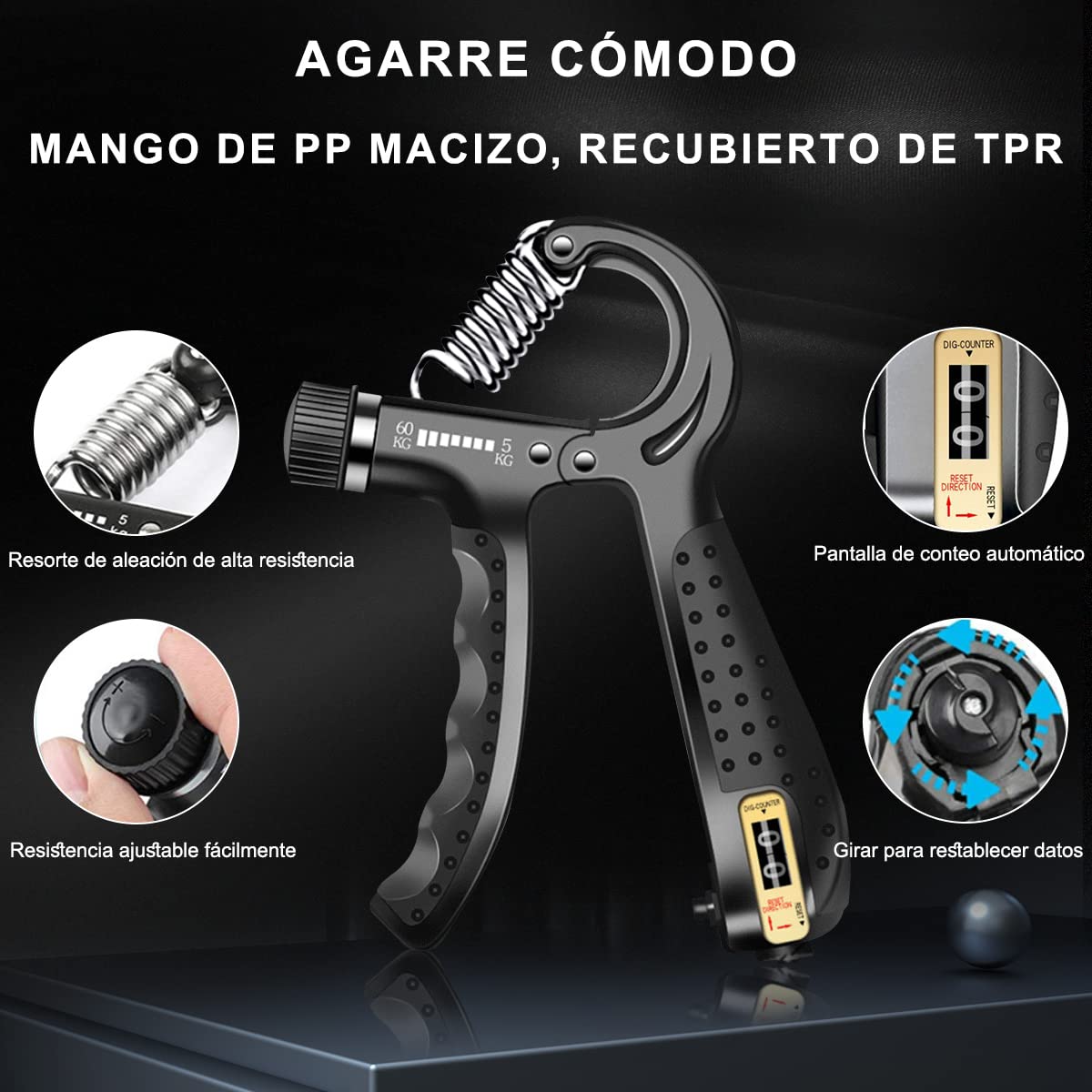 DQST Fortalecedor de Agarre, 5 en 1 Ejercitador de Mano, Ejercitador de Antebrazo, con Contador, para El Tratamiento, Recuperación y Entrenamiento de Fuerza de Las Articulaciones de Los Dedos. (5 Piezas)