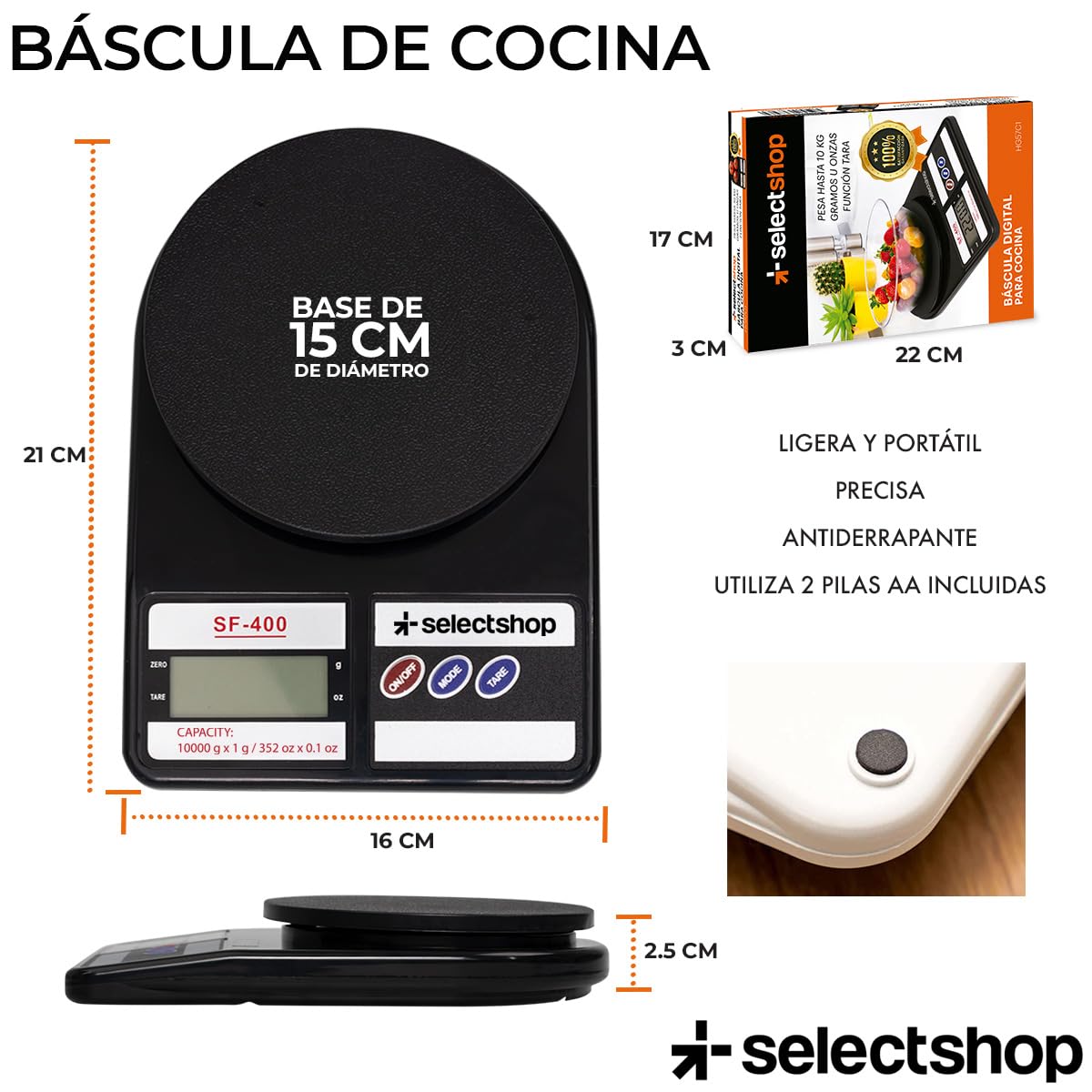SELECTSHOP Bascula De Cocina Digital Para Alimentos Con Pantalla Lcd Precisa Pesa De Alimentos Base Plástica Portatil Bascula Gramera Digital Con Sensor Calibrador Pesa Joyas (NEGRO)