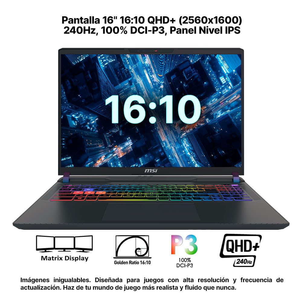 MSI Laptop Gaming Vector 16 HX AI NVIDIA GeForce RTX 5080 Intel® Core™ Ultra 9 275HX 16GB RAM 1TB SSD 16" QHD+240Hz/Teclado en español/2 años de garantía