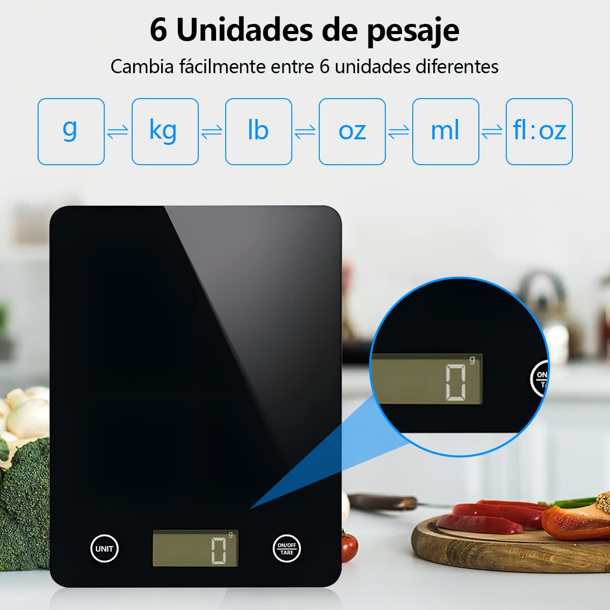 DAQI Báscula Digital de Cocina,Bascula de Comida Alimentos Multifunción 5kg/11lb con Superficie de Vidrio Templado y Pantalla LCD para Peso de Comida, Alta Precisión hasta 1g Balanza Cocina-Negro