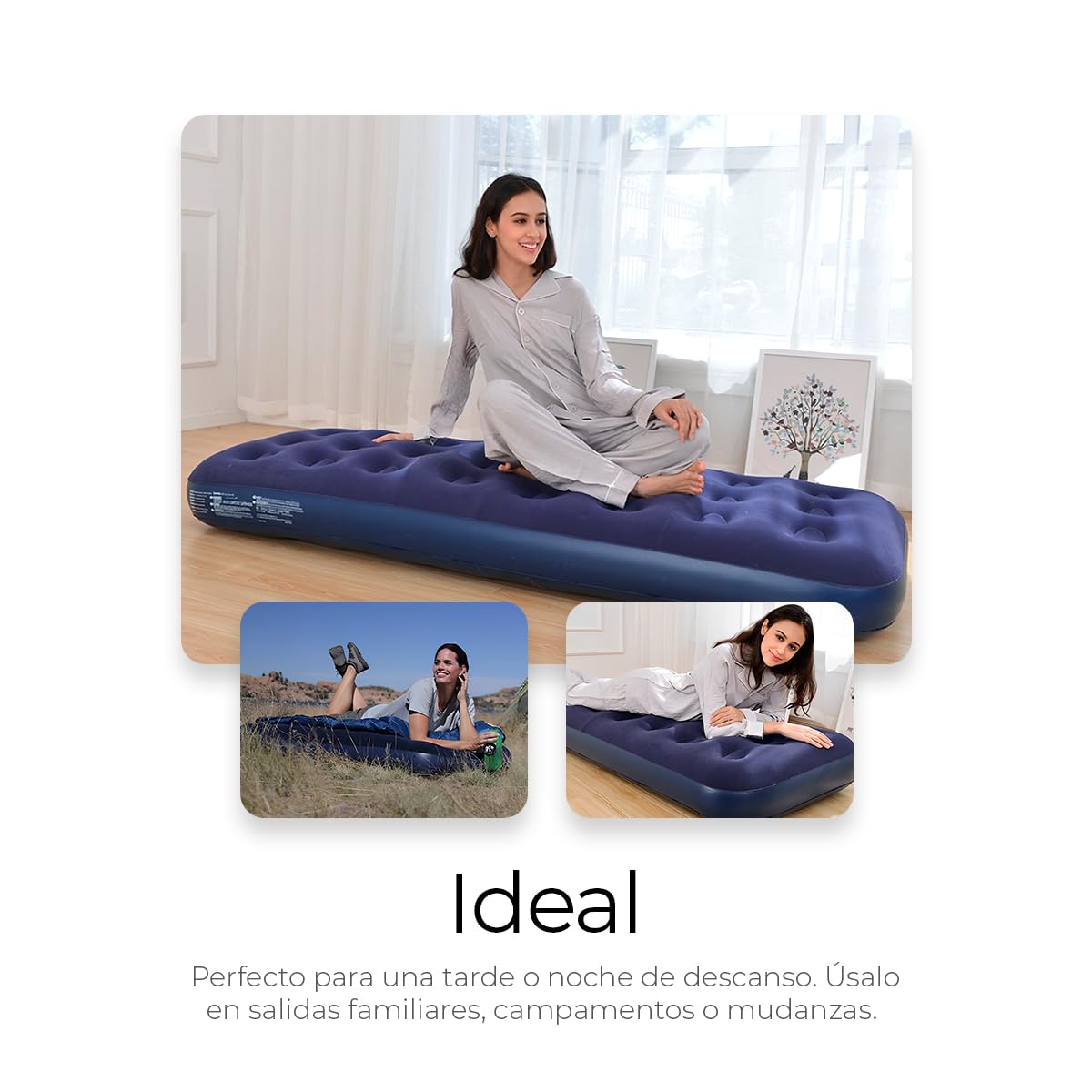 Raganet, Colchón Inflable Individual, Cama de Aire Cómoda, Resistente y Plegable, Colchón de Campismo con Cubierta Afelpada Suave, Medidas: 195cm X 75cm X 22cm
