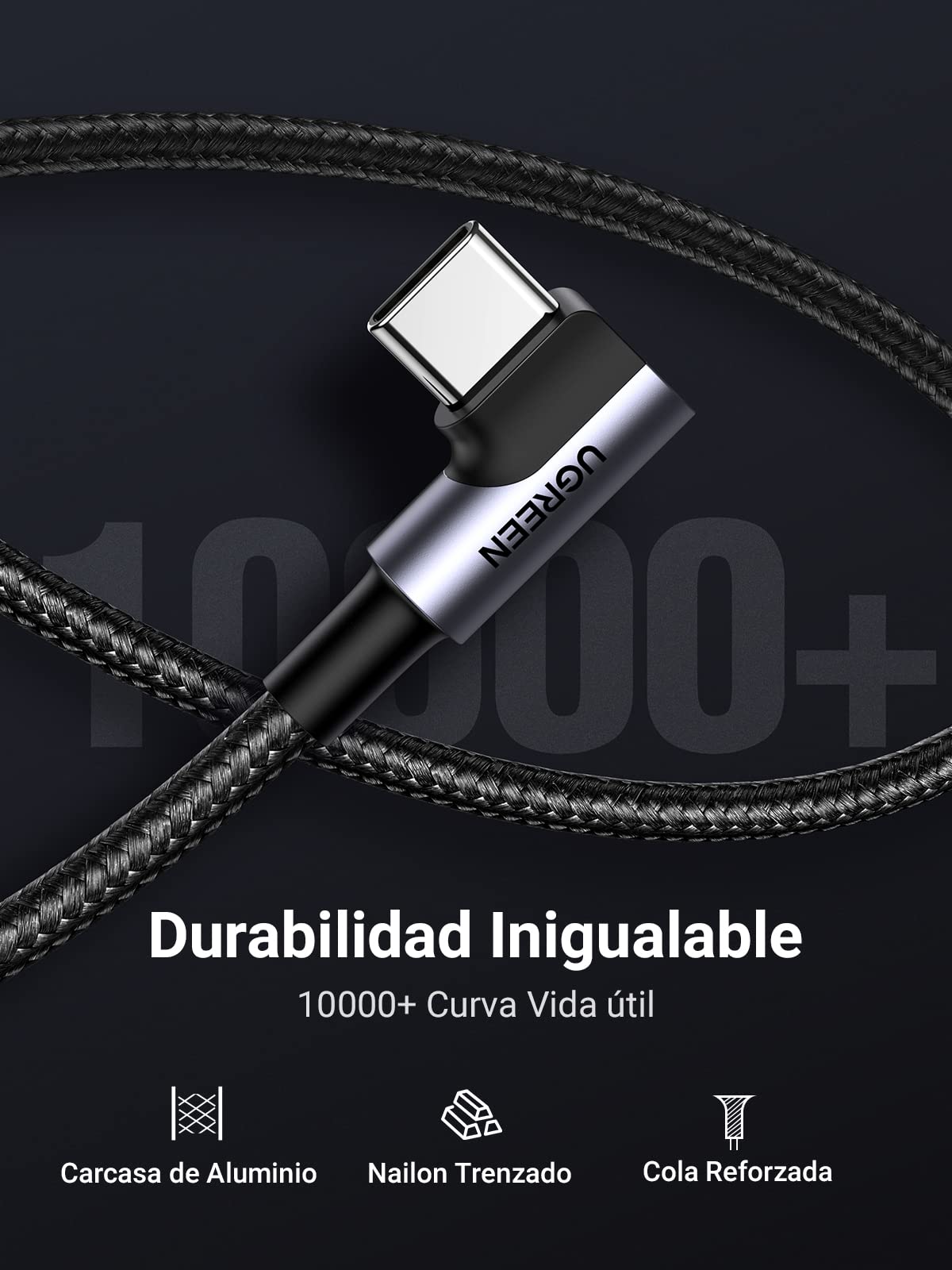 UGREEN Cable USB Tipo C 90 Grados, Codo Nylon Trenzado Carga Rápida Compatible con iPhone 16 15 Pro Max Plus, Galaxy S25 S24 S23 Note 20, Xiaomi, Huawei P10, LG, 2M