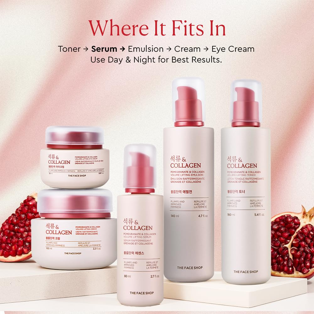 The Face Shop Pomegranate & Collagen - Serúm Facial de Granada y Colágeno, 80 ml - Serum reafirmante con efecto lifting y glow - K-beauty coreano original para máxima elasticidad y firmeza