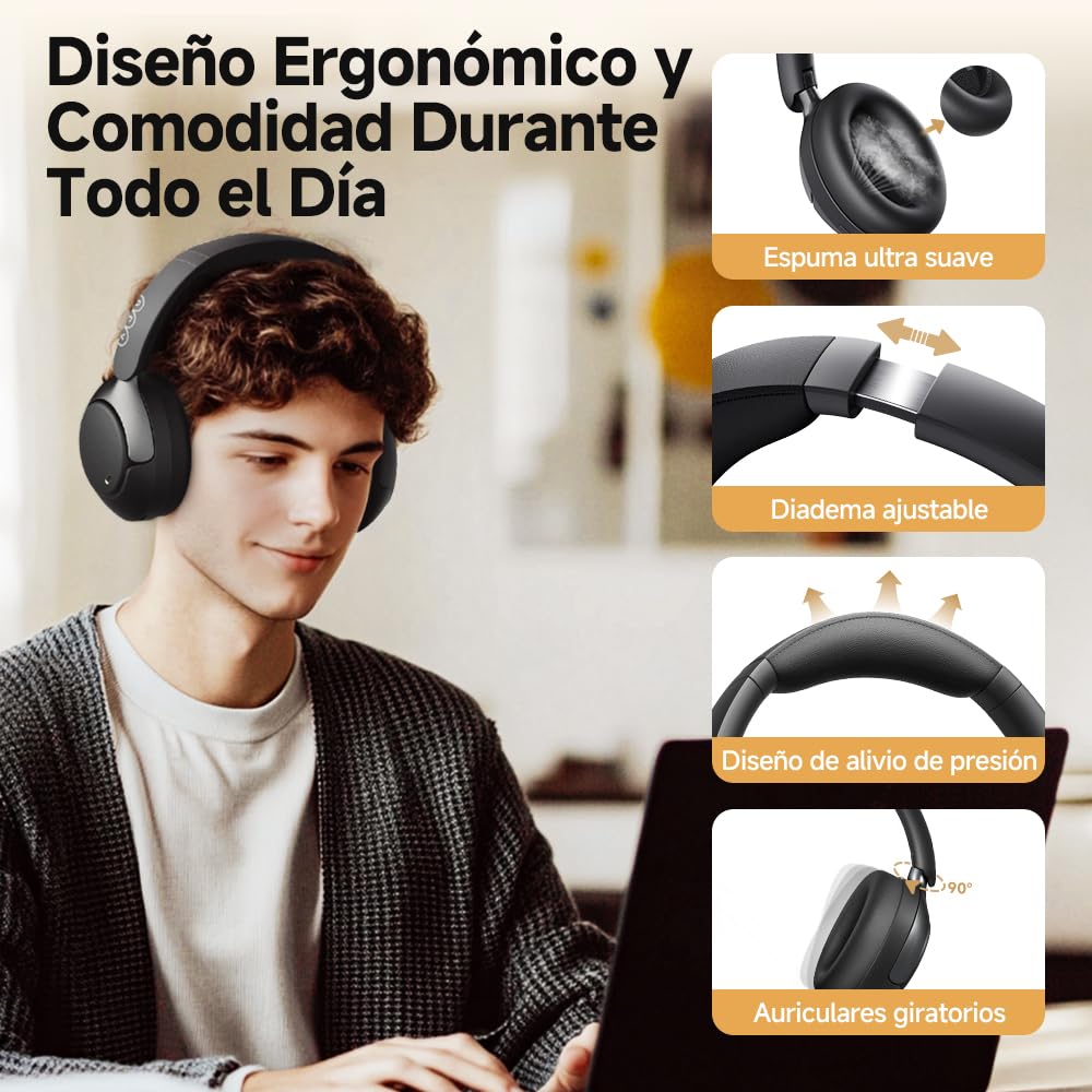 QCY H3 Pro Audífonos Inalámbricos Bluetooth 5.4, Híbridos Cancelación Ruido Activa hasta 99.6%, LDCA Hi-Res Audio, Diadema Plegables Auriculares Over-Ear con Microfono, Carga Rápida de 10 Minutos