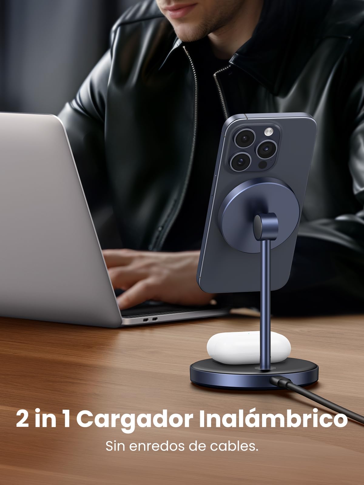 UGREEN Soporte de Carga Inalámbrico,15W Qi 3 en 1 Estación Cargable Inalámbrica, Cargador con Cable USB-C 1M, Compatible con iPhone 16/16 Plus/16 Pro/16 Pro Max/15/14/13/12 y AirPods Series