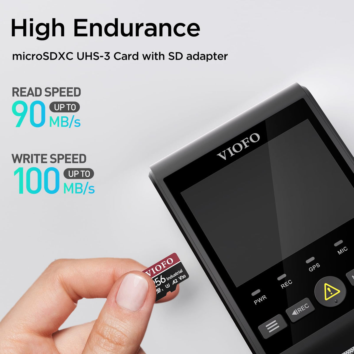 VIOFO Tarjeta microSDXC de alta resistencia de grado industrial de 256 GB para Dash Cam y cámara de seguridad, U3 A2 V30, hasta 100 MB/s, 4K UHD y grabación en bucle continuo, resistente a altas