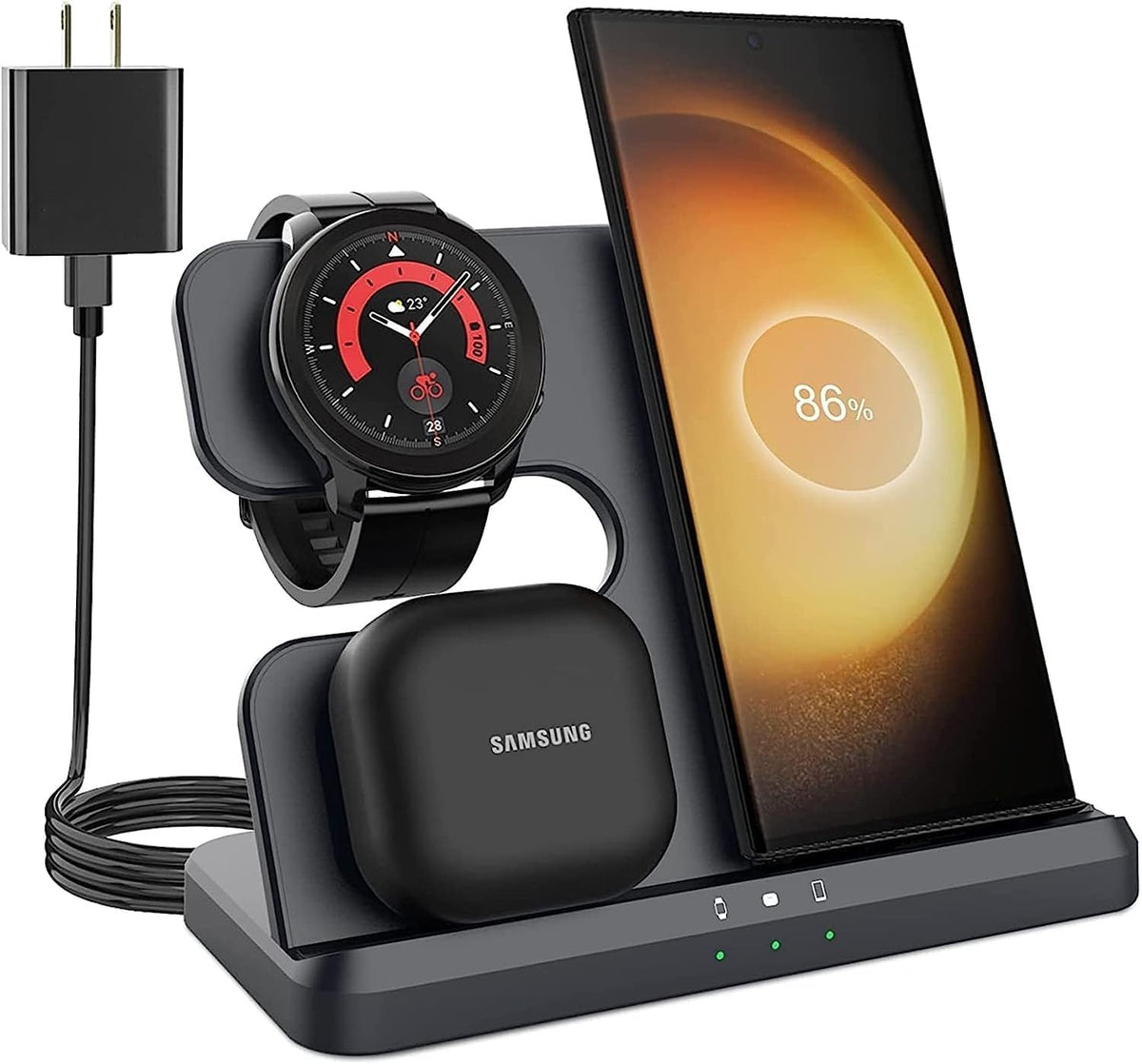 Cargador Inalámbrico 3 en 1 para Samsung/iPhone, Cargador para Samsung S24/S23 Ultra/S22 Ultra/S23/S23+/Z Fold 4/Flip 4/S22, Cargador para Galaxy Watch 6/5/5 Pro/4, Estación de Carga Buds (Negro)