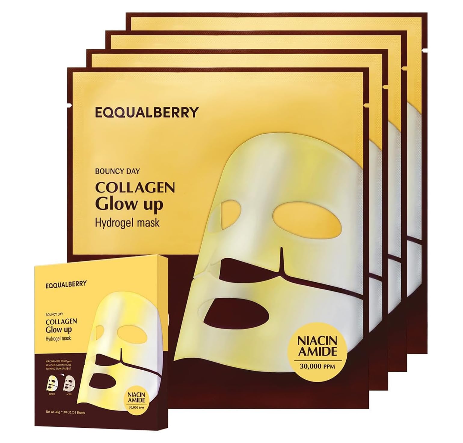 EQQUALBERRY Mascarilla Facial Coreana Hidratante con Colágeno y Niacinamida - Collagen Mask Iluminadora - Mascarillas Faciales Coreanas para Brillo Facial