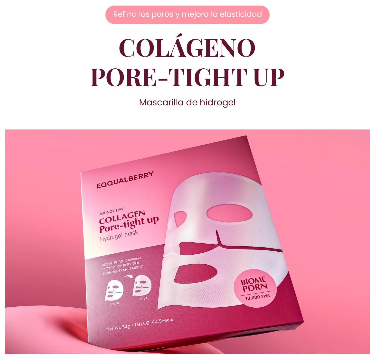 EQQUALBERRY Mascarilla Facial en Lámina Collagen PDRN Mask - Coreana con Colágeno, PDRN, Péptidos y Ácido Hialurónico, Hidratante