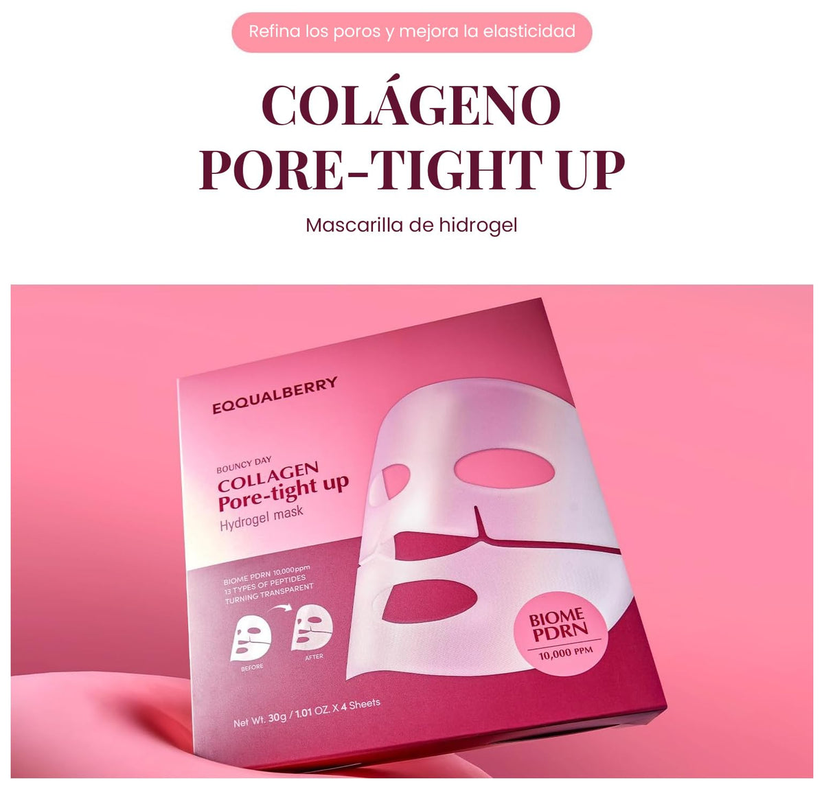 EQQUALBERRY Mascarilla Facial en Lámina Collagen PDRN Mask - Coreana con Colágeno, PDRN, Péptidos y Ácido Hialurónico, Hidratante