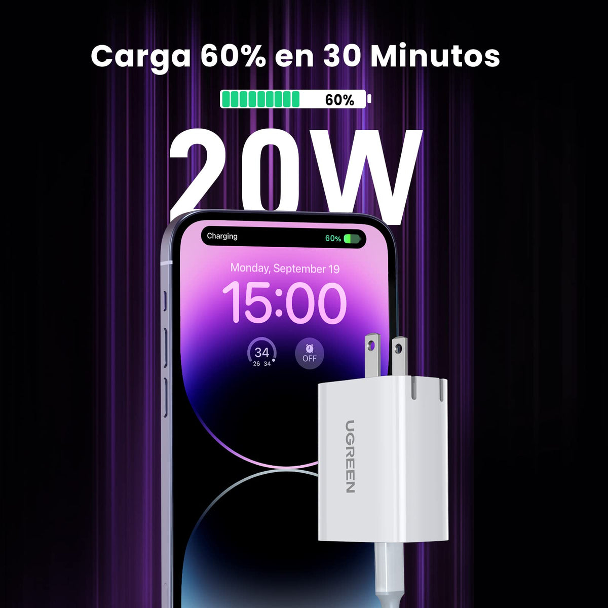 UGREEN 20W Cargador Pared USB Tipo C con 1M Cable Lightning, Portátil Compatible con iPhone 14 13 12 11 Pro MAX, iPad 2020, Galaxy S21 S20 Ultra