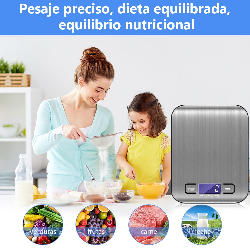 Báscula Digital de Cocina, Báscula de Cocina de acero inoxidable de 5 kg/11 lg con pantalla LCD, función de tara para cocinar en la cocina (plata)