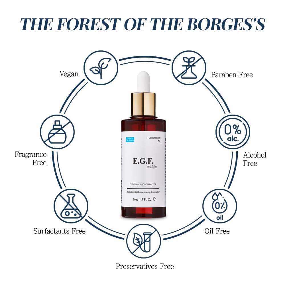 FOREST OF THE BORGES'S Suero EGF con factor de crecimiento epidérmico, 1,7 onzas líquidas/50 ml, ingredientes cosméticos para el suero facial, suero para la piel, factor de crecimiento EGF coreano, EGF, abundante después