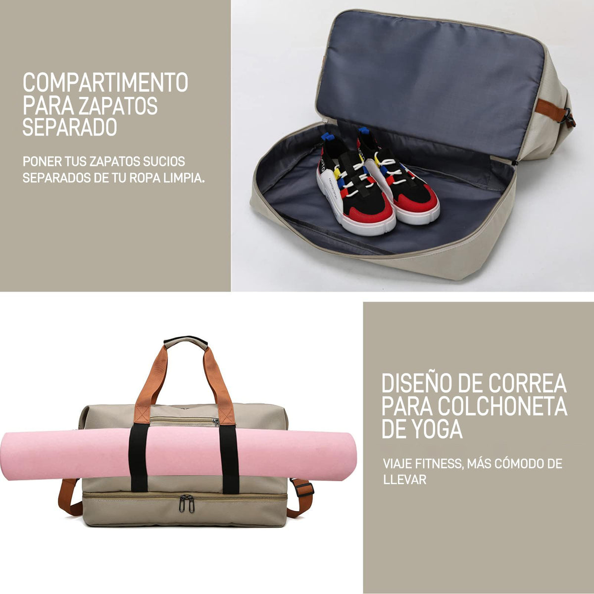 JeeLeeko Maleta Deportiva Bolsa para gym Diseño de Separación Húmedo y Seco Bolsa de viaje con ompartimento para Zapatos, para Hombres y Mujeres moda impermeable(Caqui)