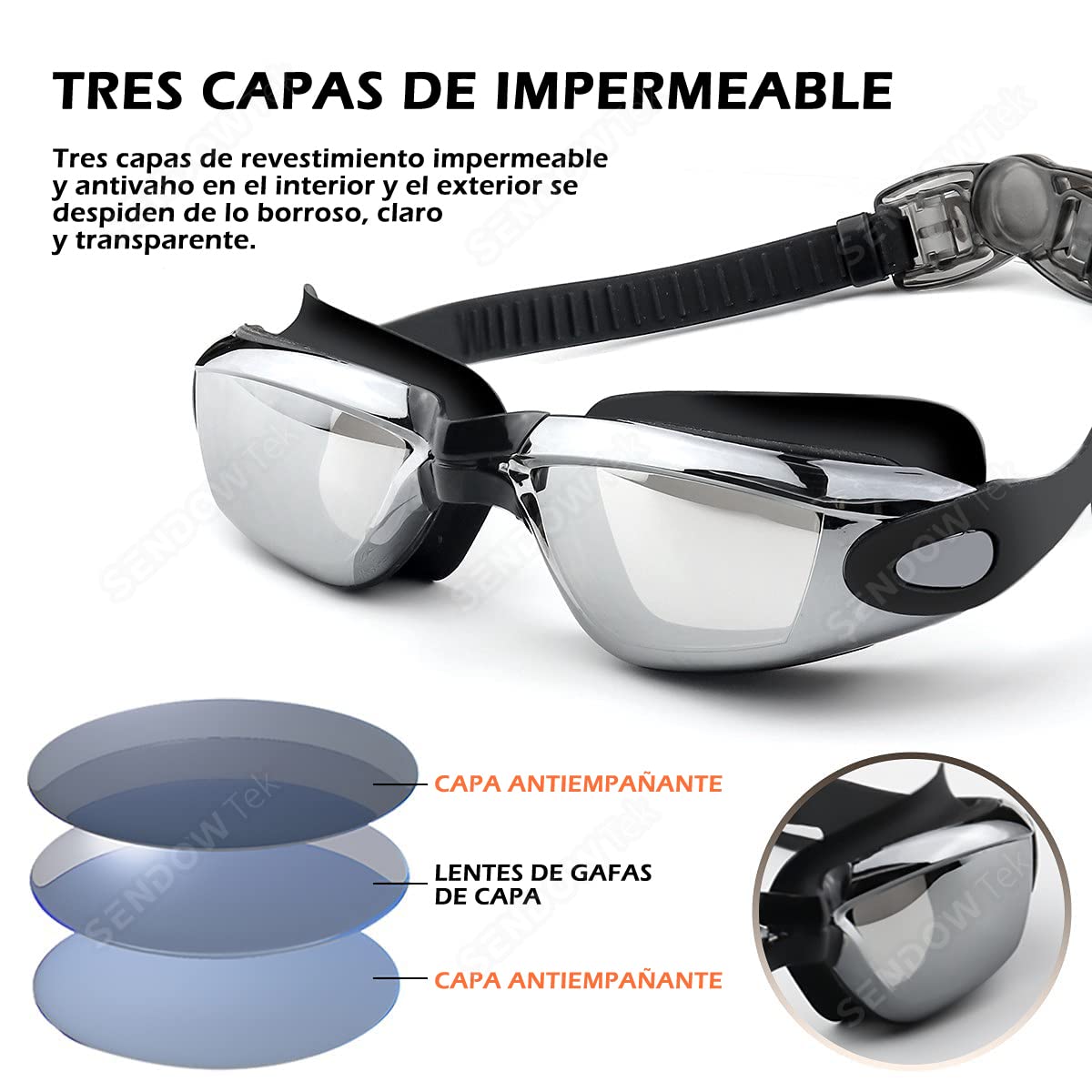 Sendowtek Gafas de Natación 5 en 1 Anteojos de Natación Incluye Gafas con Protección UV Lentes, Gorro de Natación, Auriculares y Clips para la Nariz, Bolsa de Natación para Hombres, Mujeres y Niños