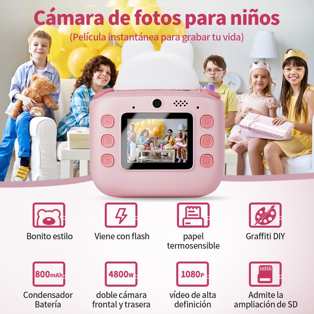 Vantisan Cámara para niños con Impresión Instantánea de 48 MP y 1080P, Camara Instanea con tarjeta SD de 32 GB, Papel de impresión, Cámara digital de selfies y video, regalos para niños de 3 a 12 años