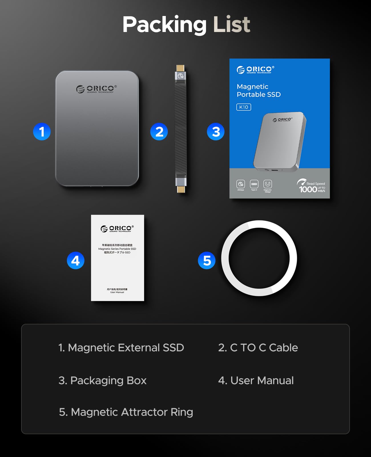 ORICO 512 GB SSD magnético, Carga PD100W, 4K ProRes HDR, 1000MB/s USB 3.2, Unidad Externa portátil para iPhone 16/15, portátiles, tabletas, aleación de Aluminio, Resistente a caídas - K10