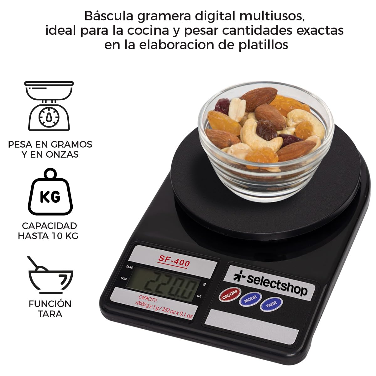 SELECTSHOP Bascula De Cocina Digital Para Alimentos Con Pantalla Lcd Precisa Pesa De Alimentos Base Plástica Portatil Bascula Gramera Digital Con Sensor Calibrador Pesa Joyas (NEGRO)