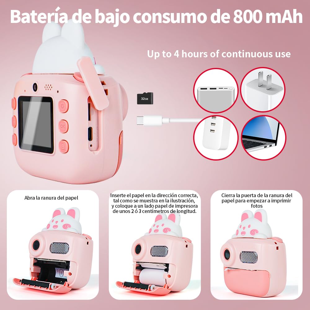 Vantisan Cámara para niños con Impresión Instantánea de 48 MP y 1080P, Camara Instanea con tarjeta SD de 32 GB, Papel de impresión, Cámara digital de selfies y video, regalos para niños de 3 a 12 años