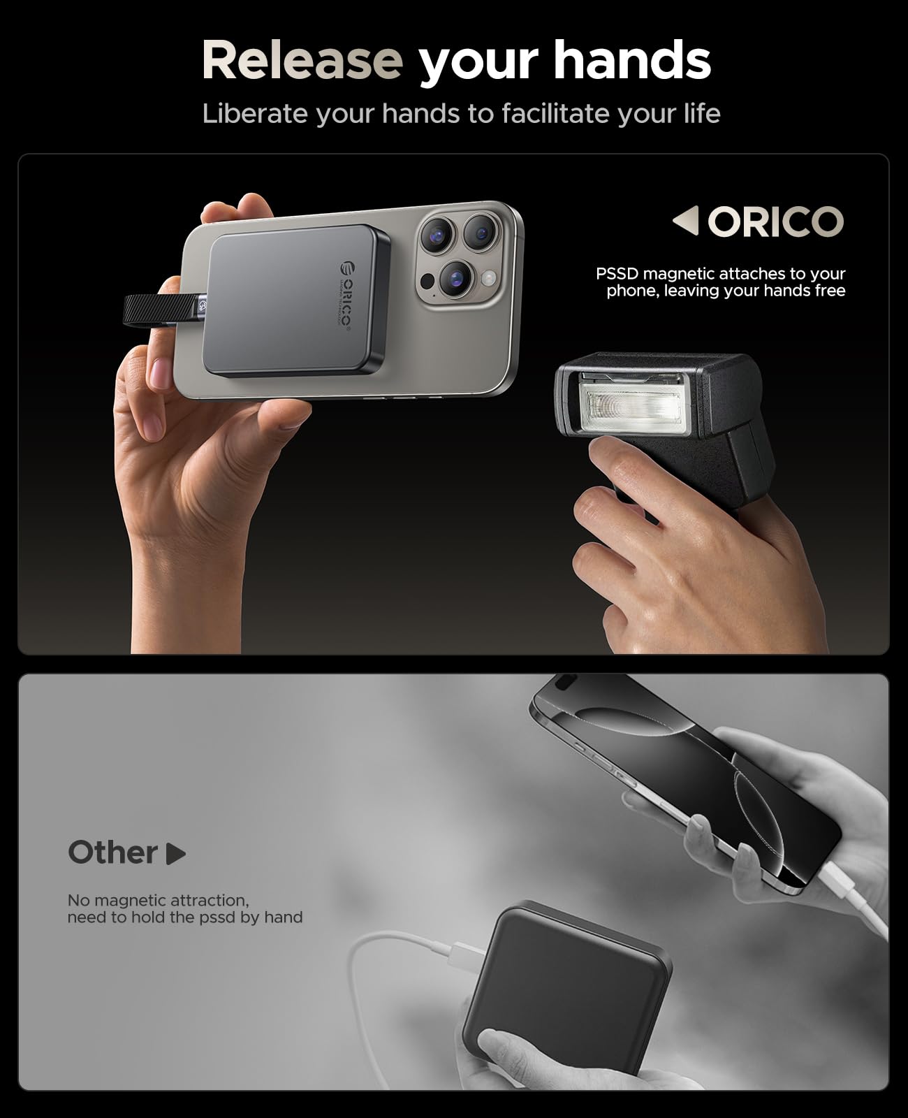 ORICO 1TB SSD Magnético Portátil, hasta 2000MB/s, Aleación de Aluminio, 4K 120 fps ProRes HDR, Unidad de Estado Sólido Externa, Compatible con iPhone 16 Pro MAX, Tablet, Ordenador - K20