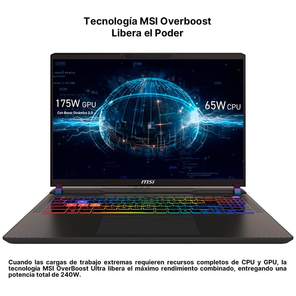 MSI Laptop Gaming Vector 16 HX AI NVIDIA GeForce RTX 5080 Intel® Core™ Ultra 9 275HX 16GB RAM 1TB SSD 16" QHD+240Hz/Teclado en español/2 años de garantía