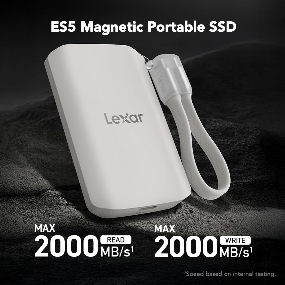 Lexar 1TB ES5 SSD Externo magnético, hasta 2000 MB/s, Compatible con MagSafe, Smartphones USB-C, iPhone 15/16 o Superior, PC, Mac, Compatible con Apple ProRes y Samsung Pro Video, Plateado