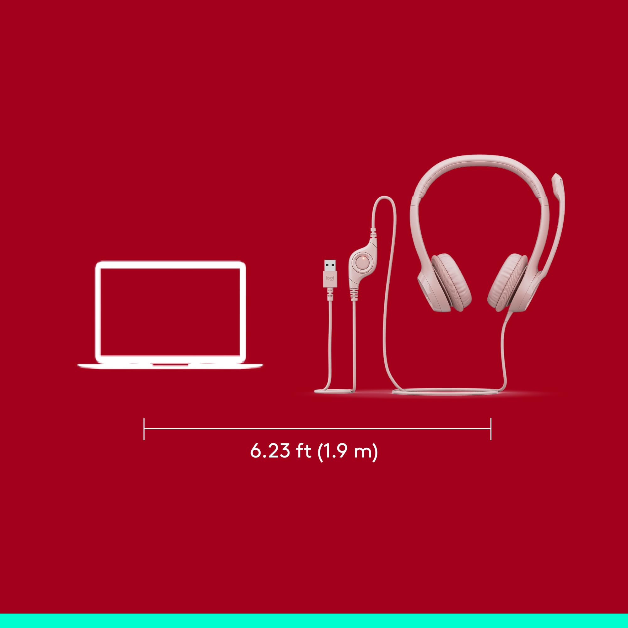 Logitech H390 Headsets con Cable para PC/Laptop, Auriculares estéreo con micrófono y cancelación de Ruido, USB-A, Controles directos, Funciona con Chromebook - Rosa