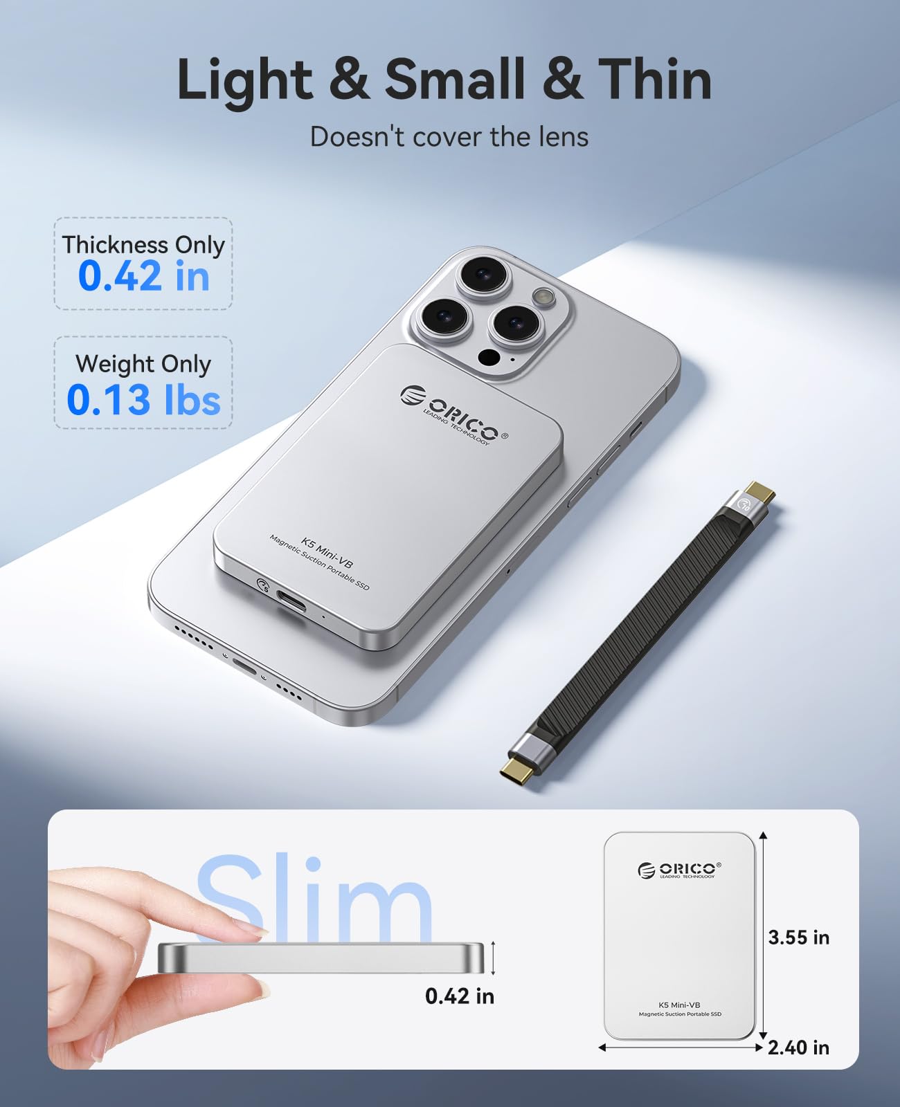 ORICO SSD Externo Magnético de 480GB, Aleación de Aluminio, hasta 460MB/s, Amplía el Almacenamiento para iPhone 17 Pro MAX, Compatible con MagSafe, Smartphones USB-C - K5MINI Plata