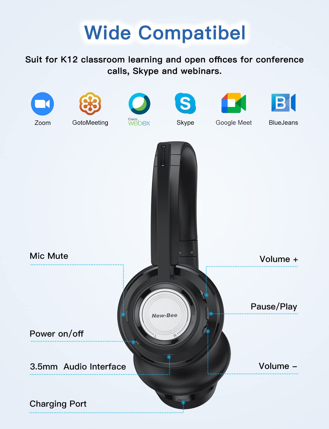 New Bee Auriculares Bluetooth Audífonos de Diadema Inalámbricos con Cancelación de Ruido 20 Hrs de Tiempo de Conversación y Botón de Silencio para el Trabajo/PC/Oficina/Zoom/Skype (Incluye USB Dongle)