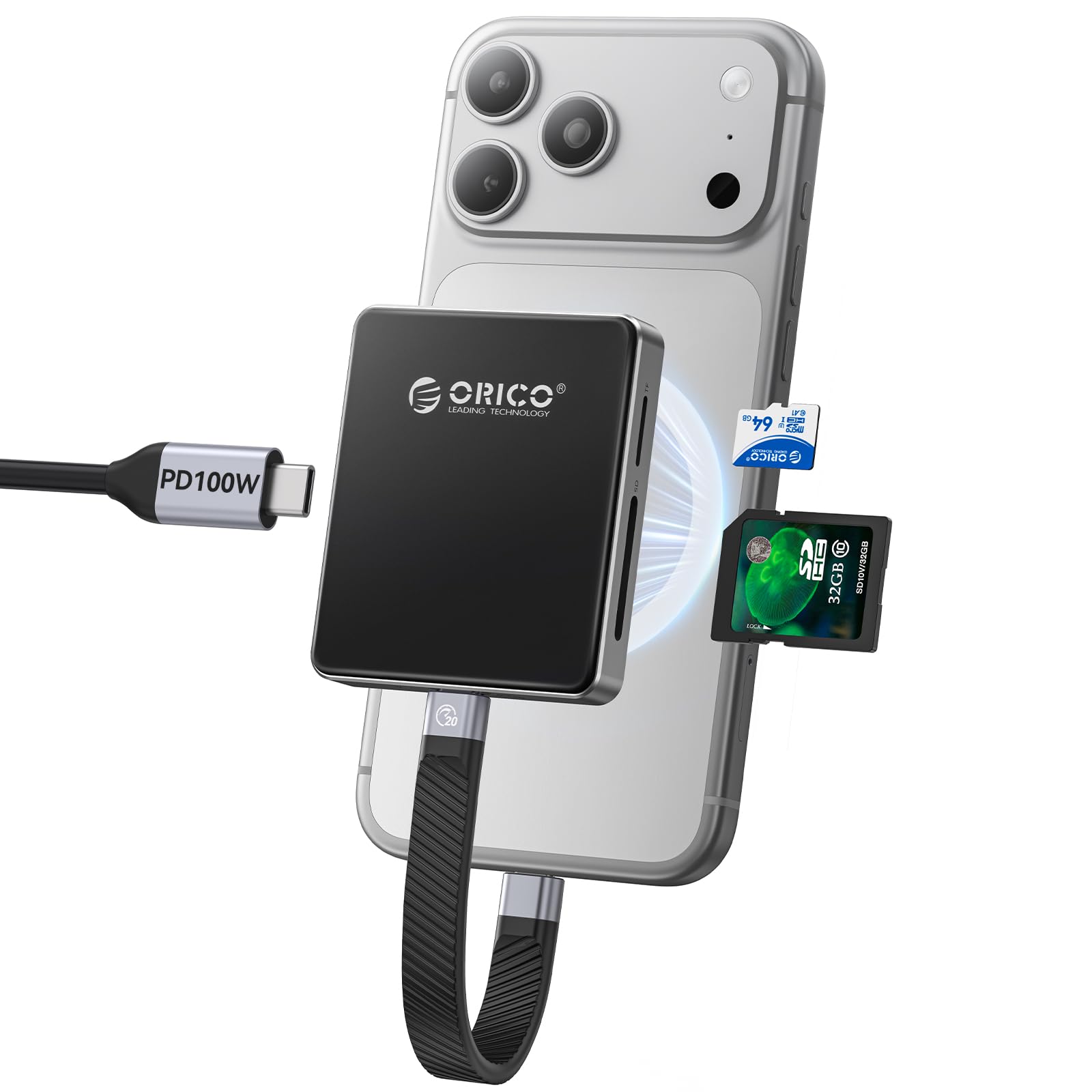 ORICO Carcasa magnética M.2 2230/2242 NVMe para SSD, grabación ProRes 4K, Lector de Tarjetas SD/TF, Puerto de Carga PD100W, Compatible con iPhone 15/16/17, portátil y Tableta (sin Disco Duro, Negro)
