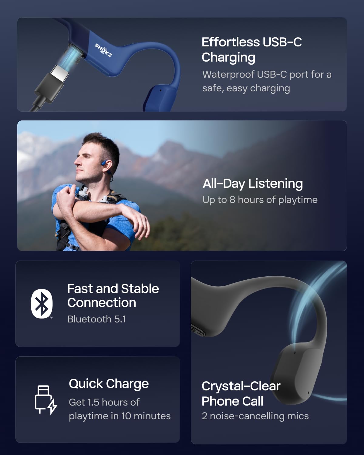 SHOKZ OpenRun Auriculares conducción ósea, audífinos Deportivos inalámbricos de oído Abierto con Bluetooth y micrófono, Open-Ear, Resistentes al Agua IP67 para Correr, USB-C, Azul