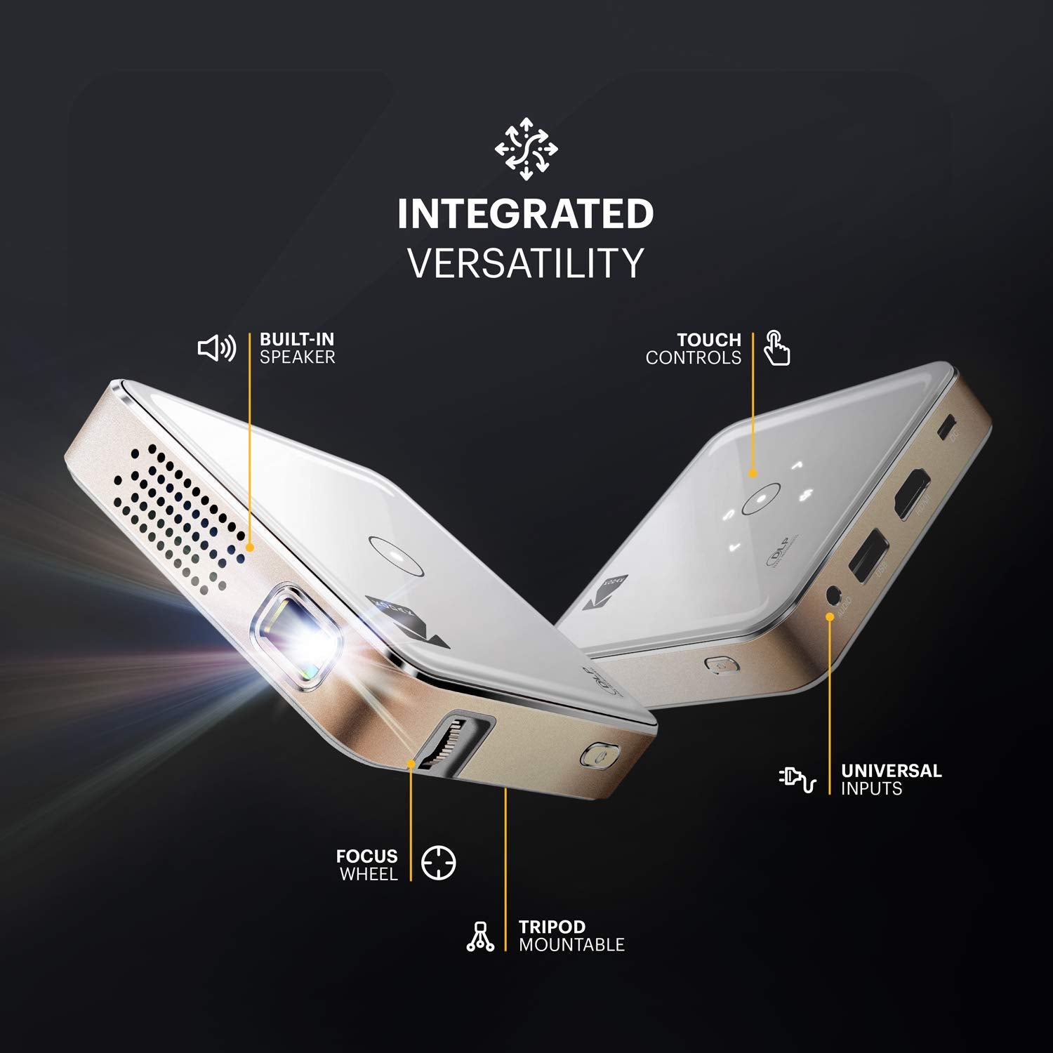 KODAK - Miniproyector de vídeo portátil Pocket Pico DLP 1080p HD LED, pantalla de 80 pulgadas, controles con botones táctiles, altavoz incorporado, batería recargable de 150 minutos, HDMI, USB y microSD