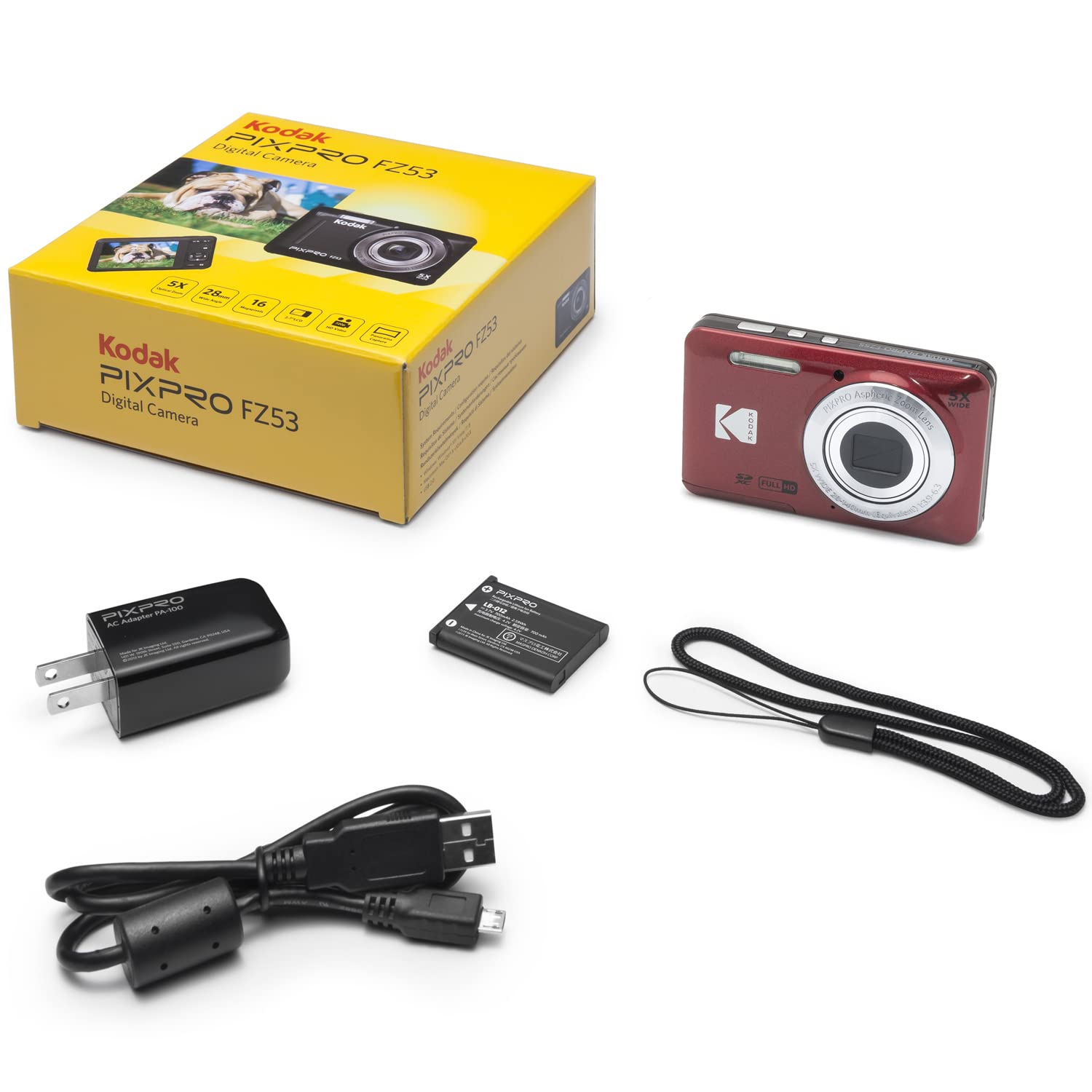 Cámara digital Kodak PIXPRO FZ55, paquete en rojo con tarjeta de memoria Lexar de 32 GB de alto rendimiento 800x UHS-I SDHC + estuche para cámara Deco Photo Point and Shoot Field Bag