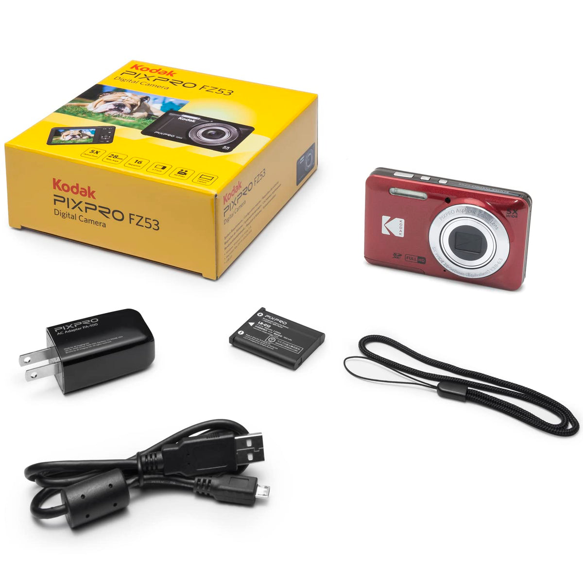 Cámara digital Kodak PIXPRO FZ55, paquete en rojo con tarjeta de memoria Lexar de 32 GB de alto rendimiento 800x UHS-I SDHC + estuche para cámara Deco Photo Point and Shoot Field Bag