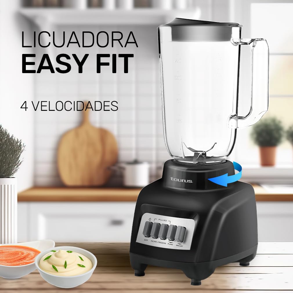 TAURUS HALEY | Licuadora con Vaso de Plástico de 1.5 Litros | 500 Watts | 4 Velocidades | Acople Easy Fit con Cuchillas Desmontables de Acero Inoxidable | Cierre de Segurad