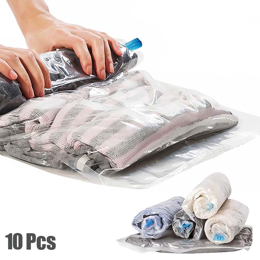 10 bolsas de Almacenamiento al vacio,Bolsas Vacio Ropa Enrollada a Mano, Bolsa Vacio Ropa Resistente Reutilizable Impermeable, 3 Tamaños (70x50cm, 60x40cm, 50x35cm)