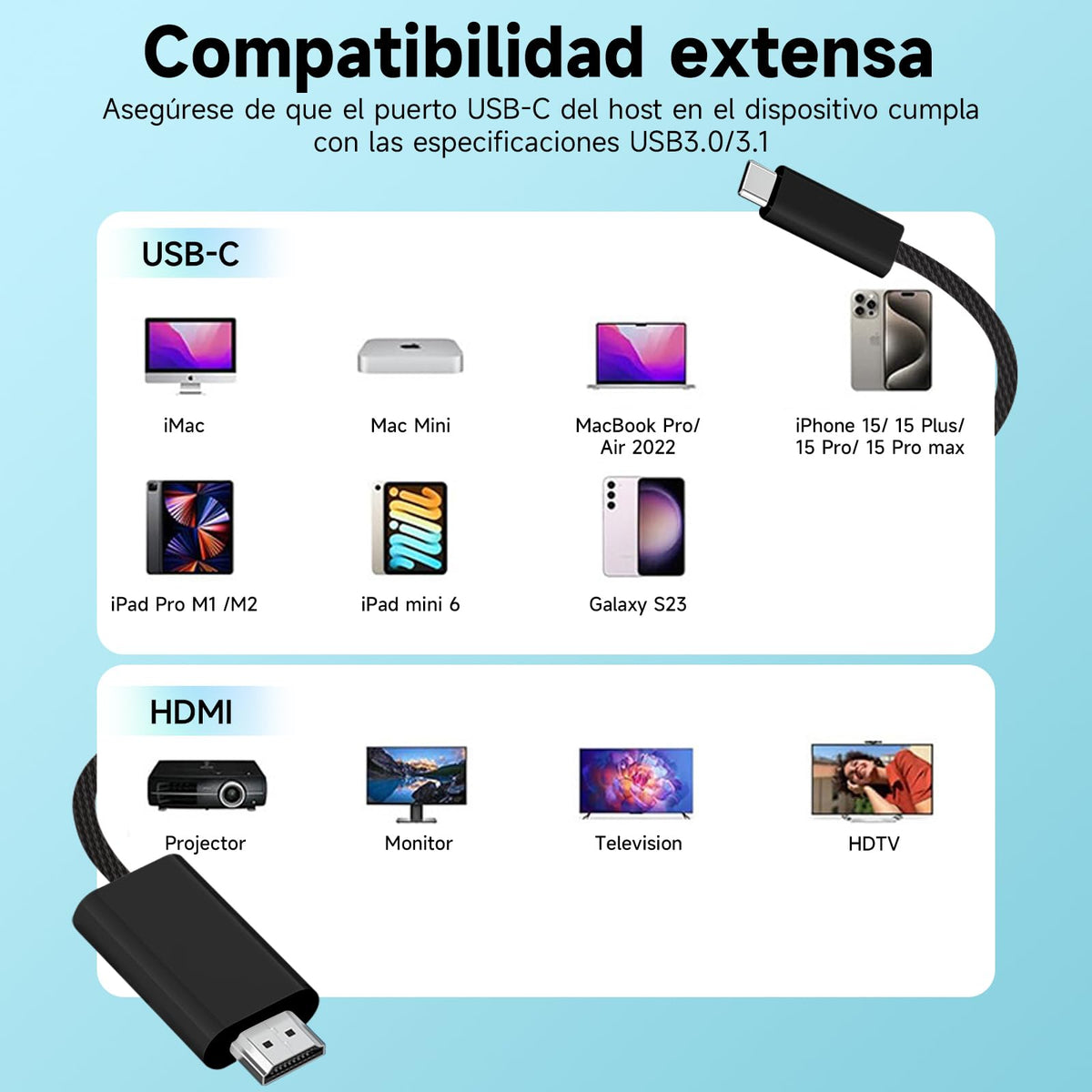 Autbye Cables HDMI, Cable USB C 3.1 a HDMI 1.8M, 4K@30Hz Adaptador Tipo C a HDMI, Compatible con iMac, MacBook, Samsung Galaxy S21 Note 9/8 S8, iPhone 15/15 Plus/15 Pro/ 15 Pro MAX, Huawei, iPad