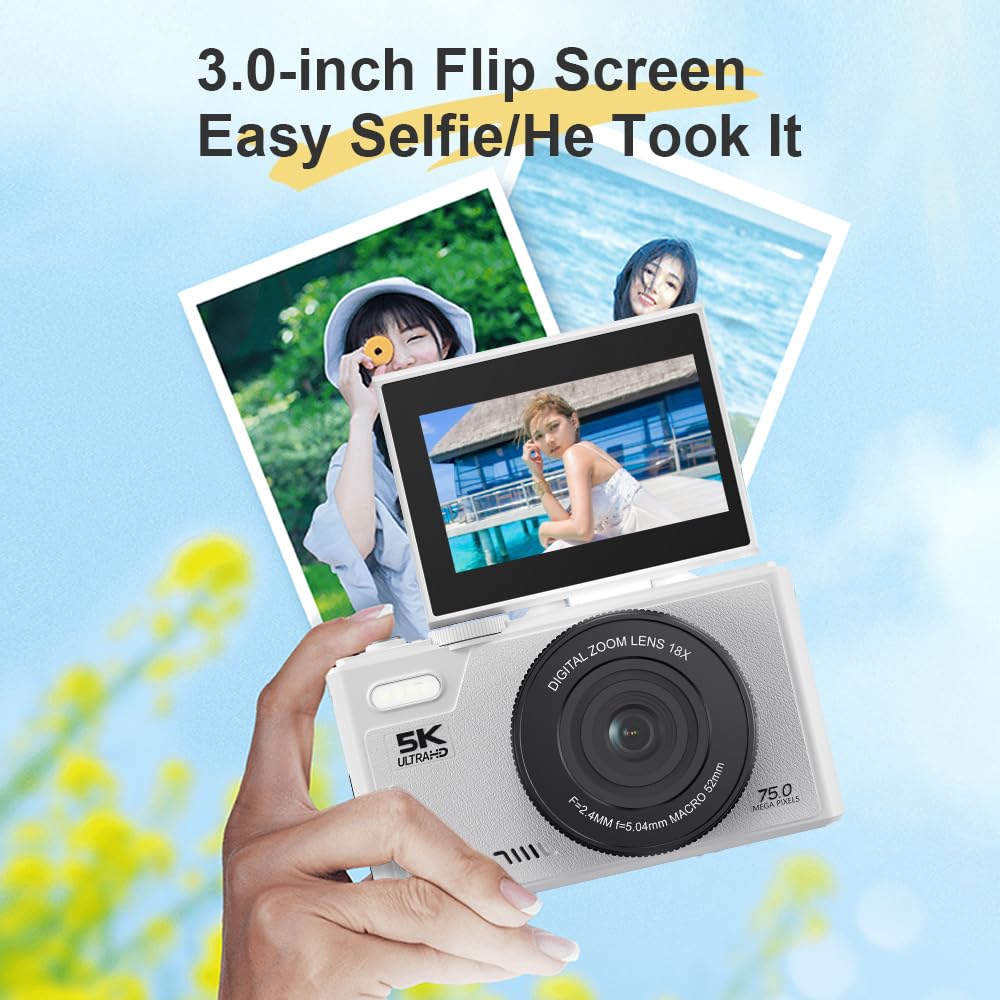 XUMIUZIY Cámara Digital 5K con Zoom Óptico 18X, Cámara Digital Vintage 75MP con Enfoque Automático, Cámara 5k con Pantalla abatible, Vídeo 5K y Detección de Sonrisa (Black) (White)