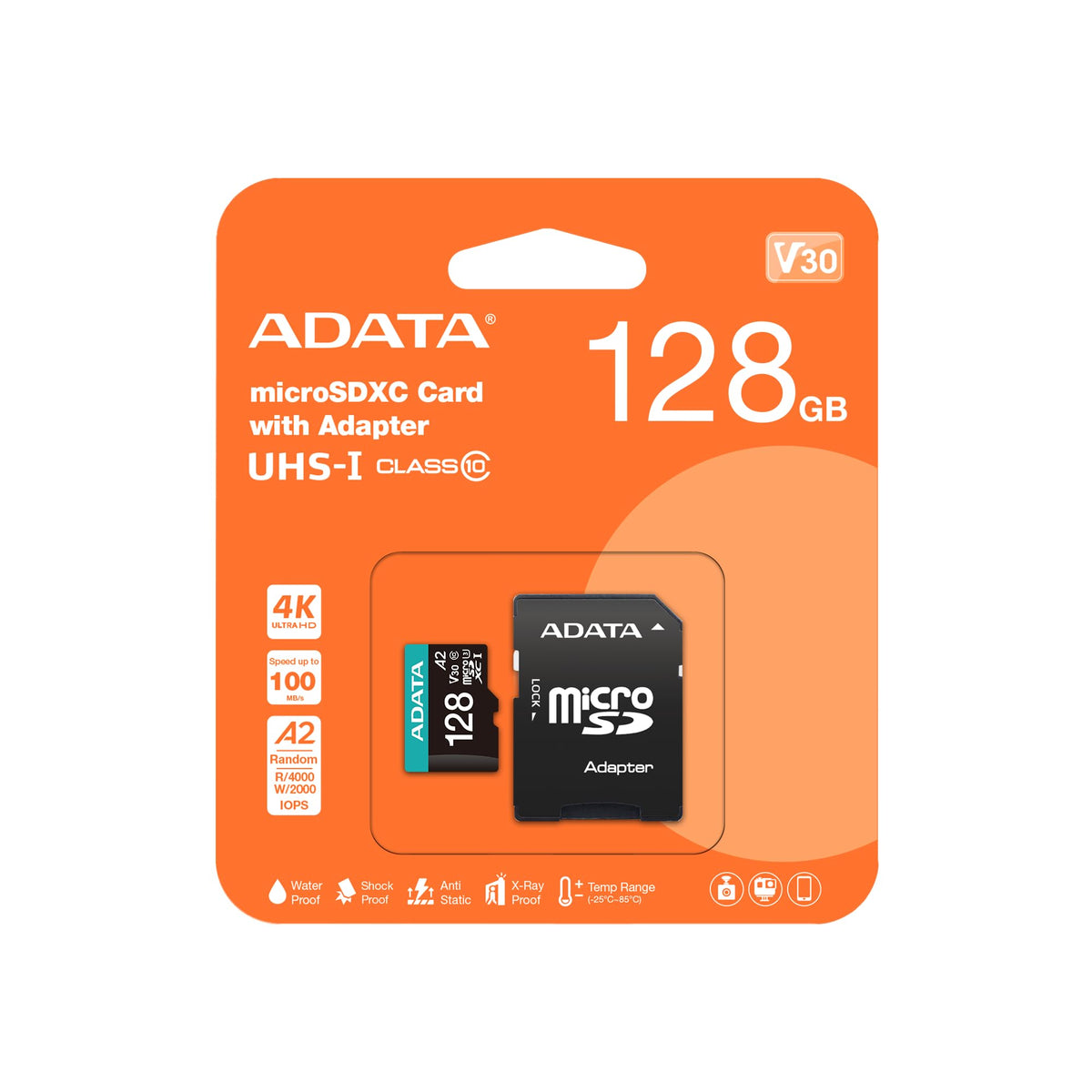 ADATA Premier Pro - Tarjeta de Memoria microSDXC (128 GB, UHS-I, U3, V30, Clase 10, A2, MircoSD, con Adaptador, AUSDX128GUI3V30SA2-RA1)
