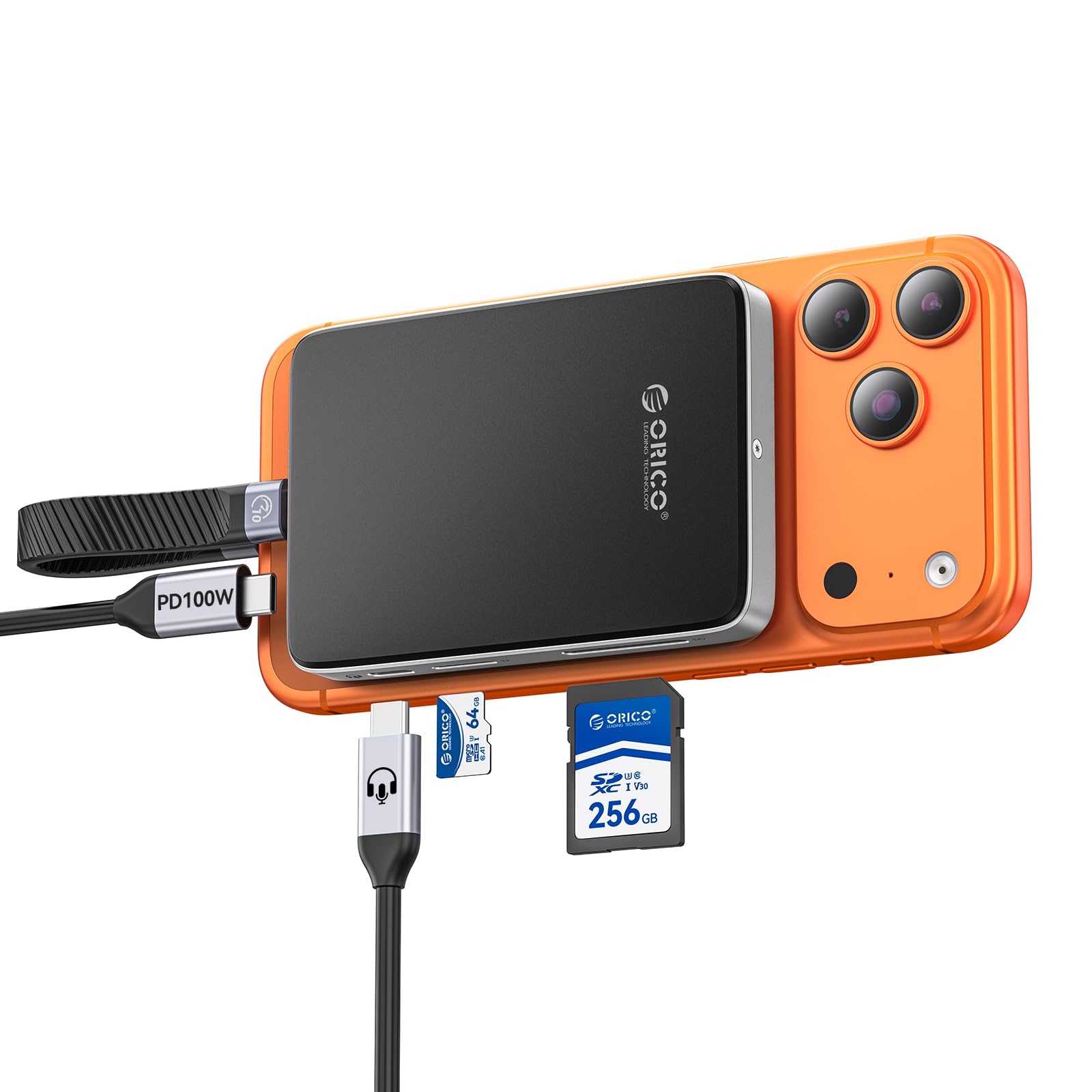 ORICO - Carcasa magnética M.2 NVMe SSD de 10 Gbps con base USB-C compatible con Phone 17/16/15 Pro/Max/Plus grabación ProRes ranura para tarjeta TF/SD PD 100W para 2230/2242/2260/2280 B+M M-Key sin