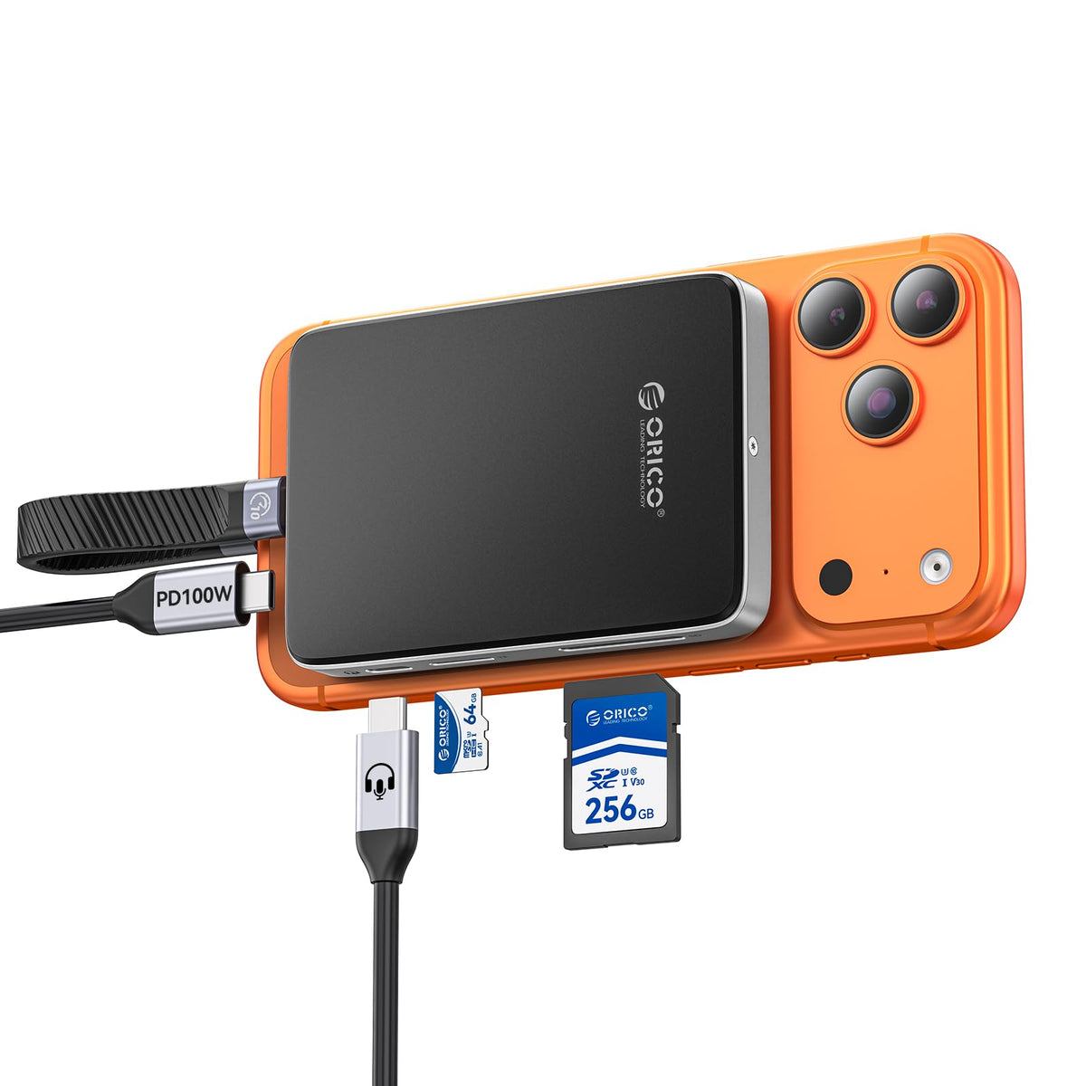 ORICO - Carcasa magnética M.2 NVMe SSD de 10 Gbps con base USB-C compatible con Phone 17/16/15 Pro/Max/Plus grabación ProRes ranura para tarjeta TF/SD PD 100W para 2230/2242/2260/2280 B+M M-Key sin