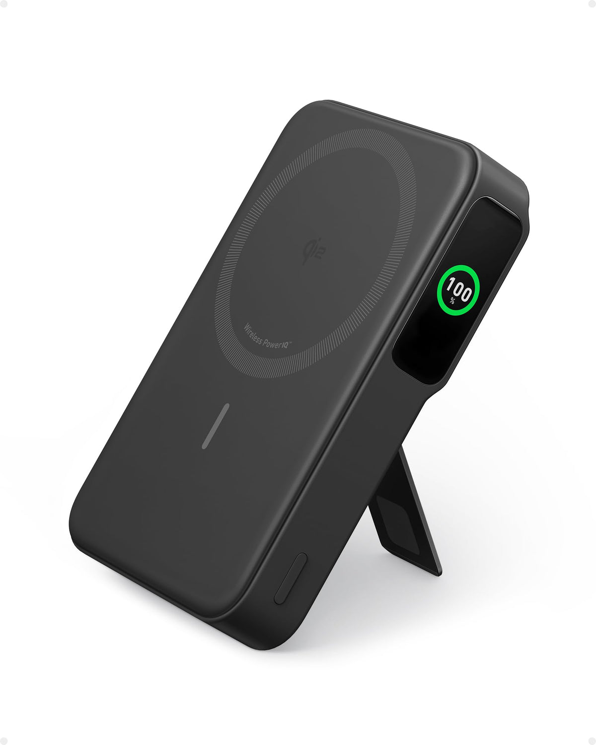 Anker Power Bank MagGo, Certificado Qi2 de Carga Ultra rápida de 15W Compatible con MagSafe,10000mAh con Pantalla Inteligente y Soporte Plegable, Solo para iPhone 15/14/13/12 (Incluye Cable USB-C)