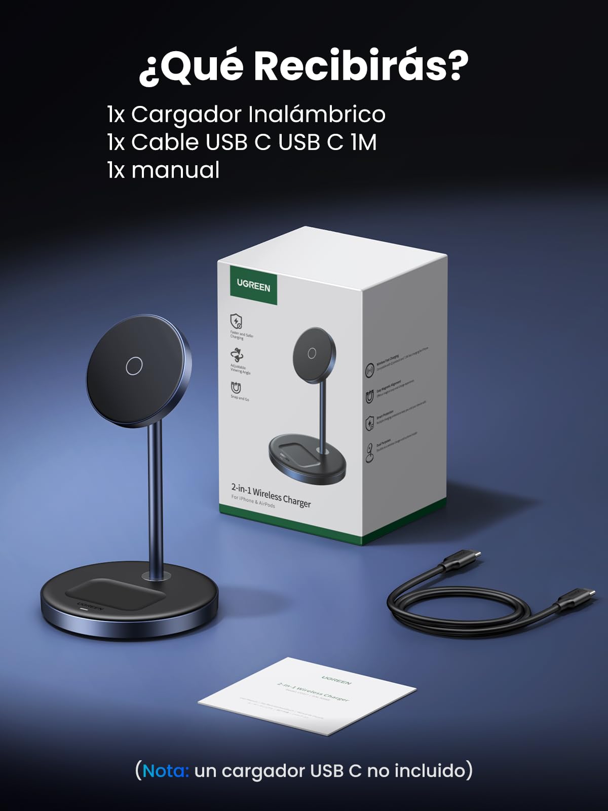 UGREEN Soporte de Carga Inalámbrico,15W Qi 3 en 1 Estación Cargable Inalámbrica, Cargador con Cable USB-C 1M, Compatible con iPhone 16/16 Plus/16 Pro/16 Pro Max/15/14/13/12 y AirPods Series